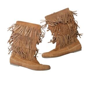 Vintage Y2K Mudd Cognac Brown Suede Leather Fringe Moccasin Boots 8